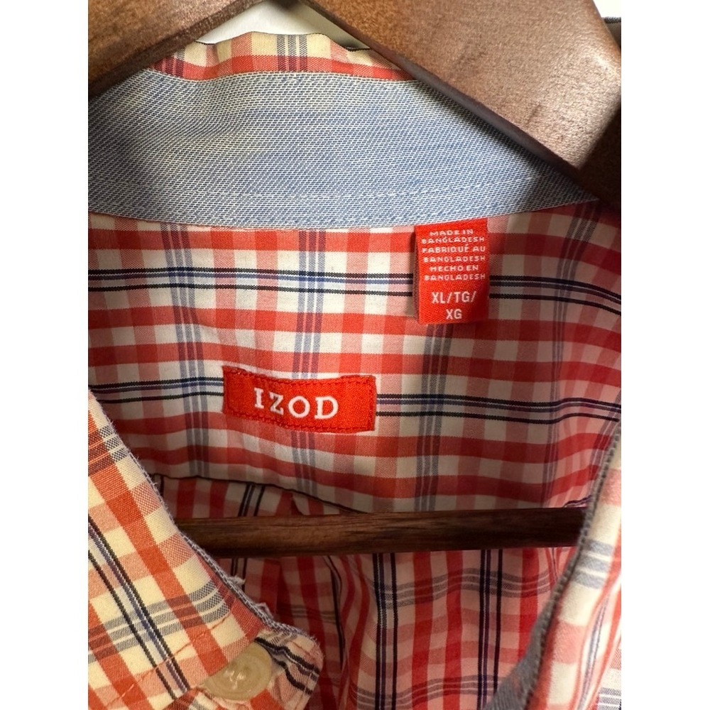 IZOD Mens XL Long Sleeve Button Down Shirt Red White Blue Plaid 100% Cotton - Picture 5 of 6